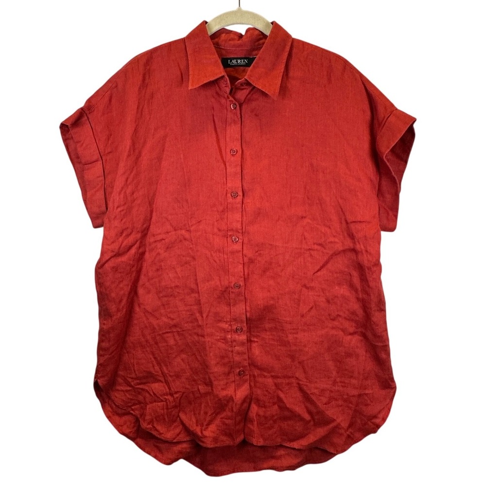 Lauren Ralph Lauren Burnt Orange 100 Linen Short Sleeve Button Down Shirt Medium
